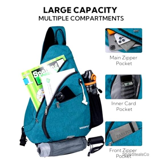 Small Sling Backpack Daypack with 7 Pockets, Water Resistant Nylon, Adjustable main image 5